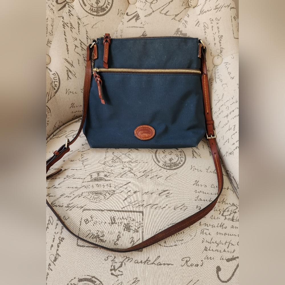 Dooney & Bourke Dark Blue Crossbody Bag with Brown Leather Strap Accents